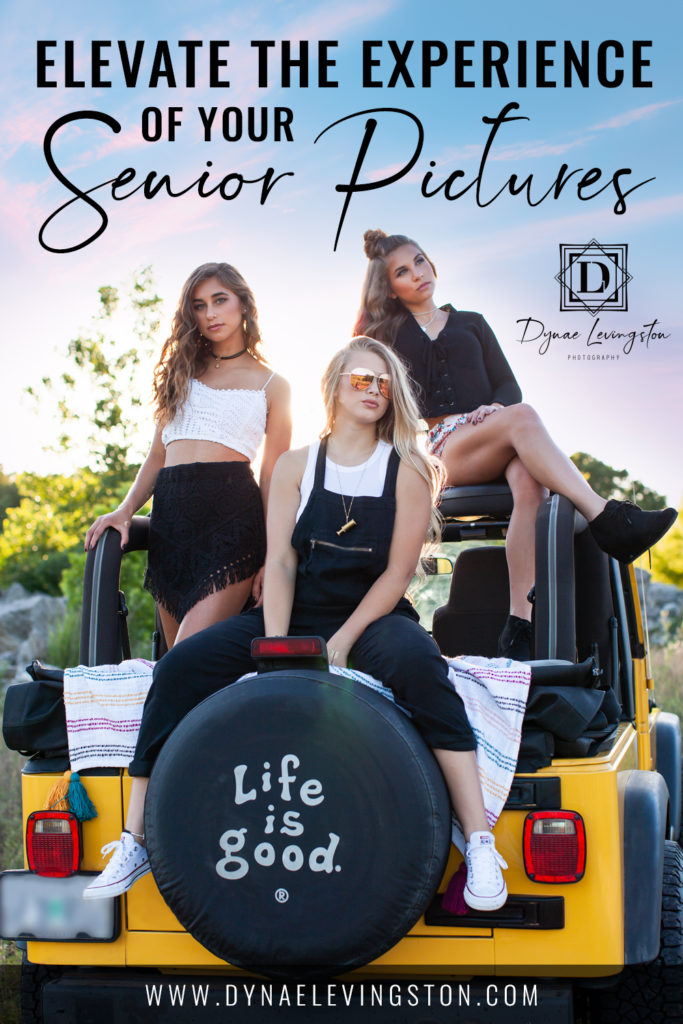 A great senior portrait experience includes best friends, like these girls in a Jeep.